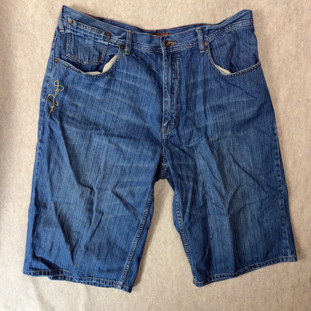 Sean John Mens 3 8 Blue Denim Shorts Baggy Embroidered Logo Y2K Hip Hop Street